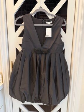 H&M Black V-Neck Bubble Dress with Beaded Waist Bow
